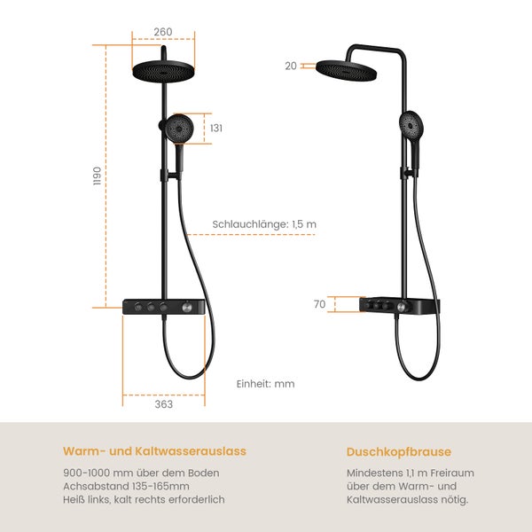 Abmessungen Duschsystem mit Kopf- und Handbrause