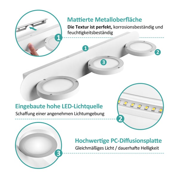 EMKE LED Spiegelbeleuchtung mit 3 LED-Lichtern, 500x75x130 mm, IP20, Mattweiß, 4000K, 15W, Hoher Farbwiedergabeindex >80Ra