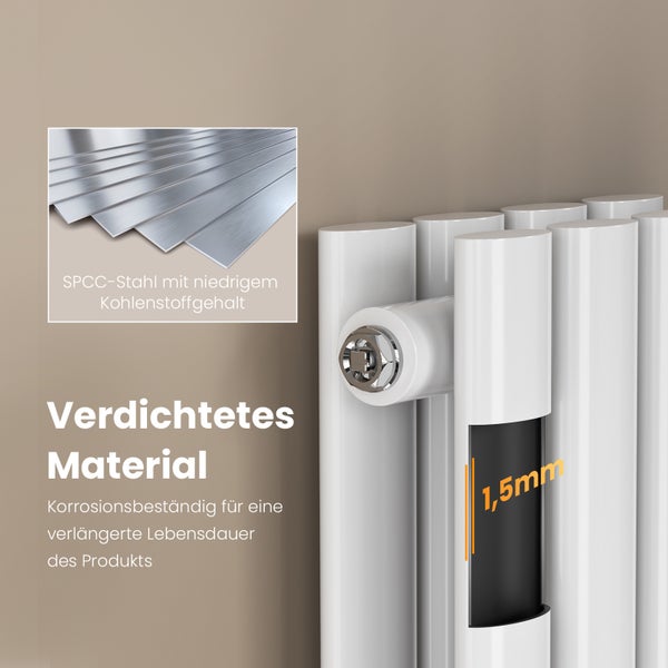 Detailansicht eines weißen Heizkörpers mit Informationen zu Material und Korrosionsbeständigkeit.