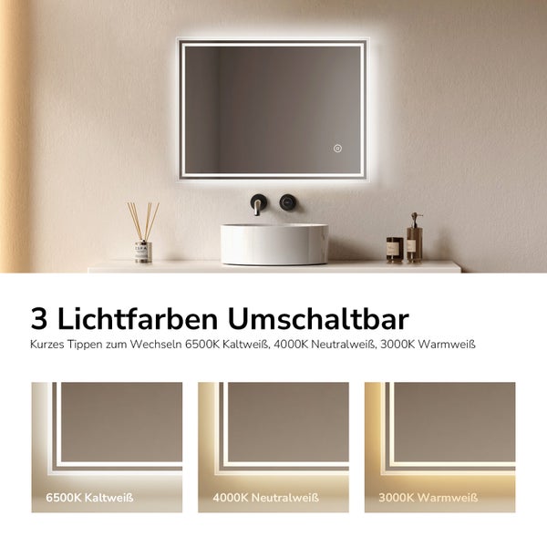 LED Badspiegel mit drei umschaltbaren Lichtfarben: Kaltweiß 6500 Kelvin, Neutralweiß 4000 Kelvin und Warmweiß 3000 Kelvin.