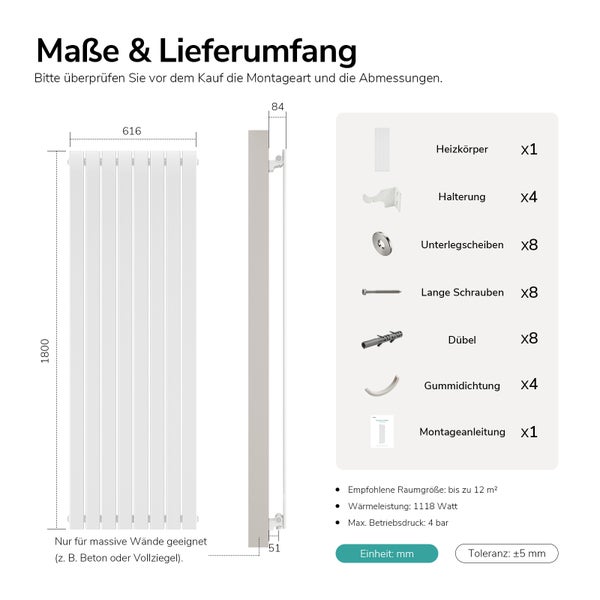 Maßzeichnung und Lieferumfang eines vertikalen Designheizkörpers mit Abmessungen, Montagezubehör und technischen Spezifikationen.