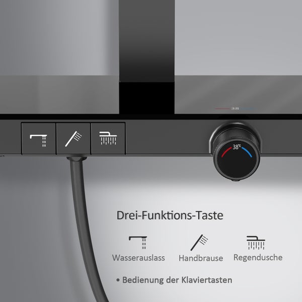 EMKE Duschsystem mit Thermostat, Duscharmatur Komplettset, 36 cm eckige Regendusche, 3 Wasserauslässe, Handbrause mit 3 Strahlarten, KTW-zertifiziert, 71 cm Ablagearmatur, 1,5 m Brauseschlauch, Matt Schwarz