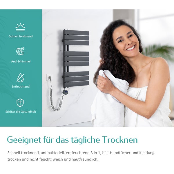 EMKE Elektrischer Design- Paneelheizkörper mit Thermostat und Timer für Handtuchwärmer, seitlich offen, Vertikal, 600 Watt, 60 cm x 104 cm, Anthrazit