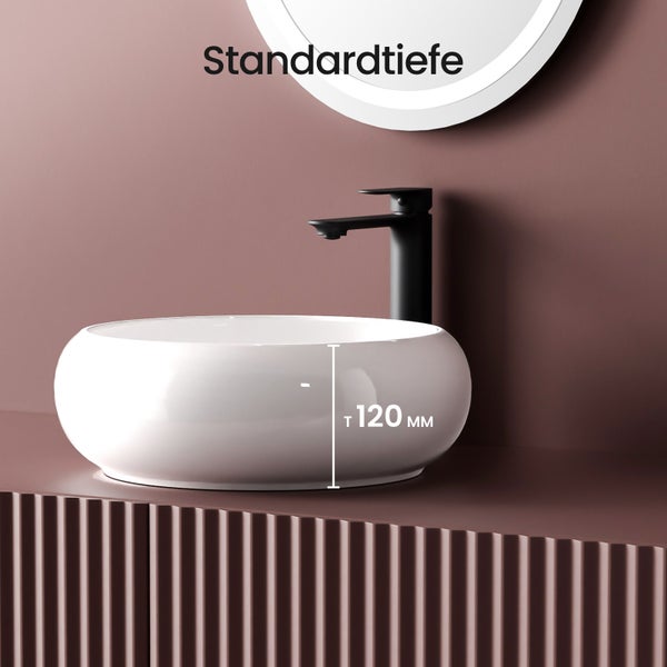 EMKE Aufsatzwaschbecken Ø36 cm, Keramik, Glänzend Weiß, Rund, Design Waschtisch für Bad & Gäste-WC, Pflegeleicht, Feuchtigkeitsbeständig, Höhe 12 cm