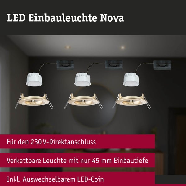LED Einbauleuchte Nova Coin Basisset starr IP44 rund 78mm Coin 3x6W 3x470lm 230V 2700K Gold matt