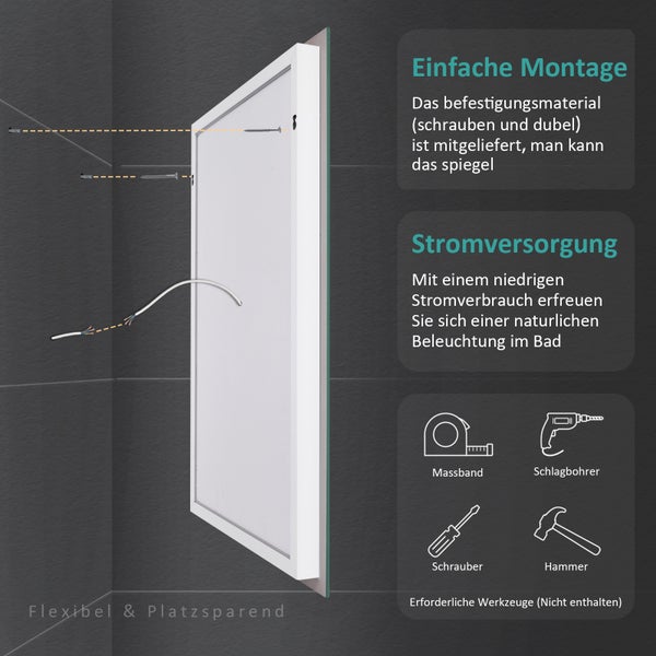 EMKE LED Badspiegel 60x45 cm, Badezimmerspiegel mit Touch-Schalter, Antibeschlag, Sicherheitsfolie, Warmweiß/Kaltweiß, IP44 Wandspiegel für Bad