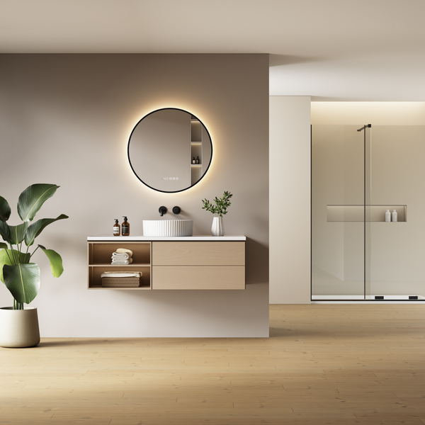 Modernes Badezimmer mit Waschtisch, rundem LED-Spiegel, Aufsatzwaschbecken und begehbarer Dusche in minimalistischem Design.