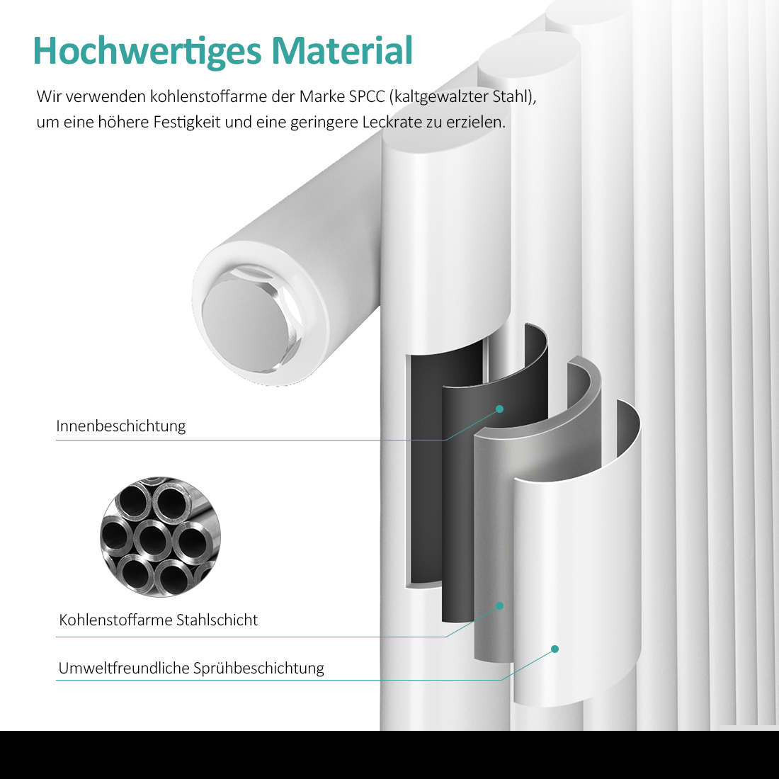 EMKE Design-Röhrenheizkörper für Warmwasserbetrieb, Mittelanschluss, Vertikal, Oval, Einlagig, 427 Watt, 24 cm x 160 cm, Weiß