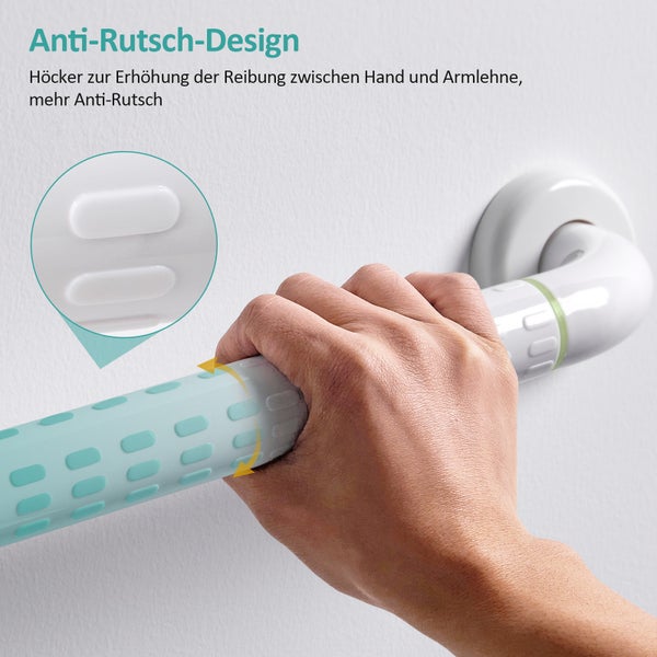 Wand-Haltegriff mit strukturierter Anti-Rutsch-Oberfläche und Noppen für sicheren Halt, Hand am Griff.