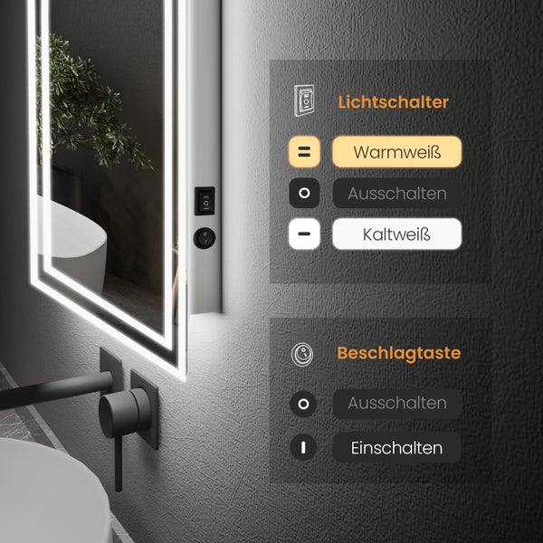 Detailansicht eines Spiegels mit Lichtschalter und Beschlagtaste