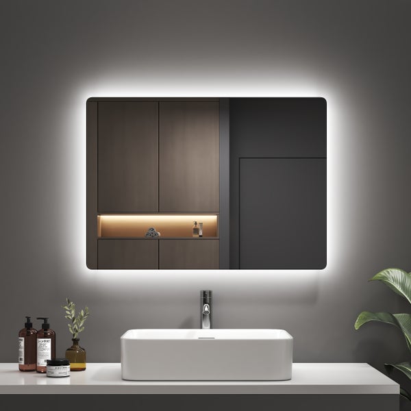 EMKE Badspiegel mit Beleuchtung 70 x 50 cm, Kaltweiß, rostfreier Spiegel, IP44, horizontal & vertikal montierbar, für Bad geeignet