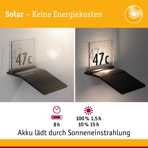 Solar LED Hausnummernleuchte Yoko Dämmerungsgesteuerter Bewegungsmelder (IR) IP44 3000K 42lm Anthrazit