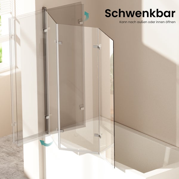 EMKE Duschwand für Badewanne 3-teilig 120x140 cm, Badewannenaufsatz, 6 mm ESG Sicherheitsglas mit Nano-Beschichtung, beidseitig schwenkbar, links/rechts montierbar, für Badezimmer