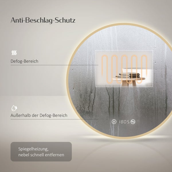 EMKE LED Badspiegel Ø60 cm, 4300K Neutrales Licht, Antibeschlag, Dimmbar, Gebürsteter Goldrahmen, Uhr, Temperaturanzeige, für Badezimmer