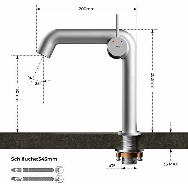 EMKE Einhebel-Waschtischarmatur, Badarmaturen, Waschbecken Armatur - Schweizer Design, Minimalistisches Design，G3/8, Wassersparend, Korrosionsschutz, Warm- & Kaltwasser, Bleifreies Messing, Pflegeleicht, Chrom