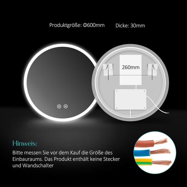 EMKE Badspiegel mit Beleuchtung Ø60 cm, rund, LED Wandspiegel, Touch-Schalter, dimmbar, Anti-Beschlag, 4 mm Glas, Memory, satiniert, rostfrei, für Badezimmer