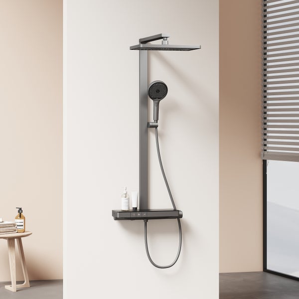 EMKE Duschsystem mit Thermostat Duschset Duschsäuleset mit 40cm Thermostatische Platte, Brausestange, Handbrause mit 4 Strahlstärken, Regendusche, Wasserauslass, Anthrazit Matt