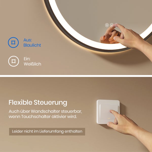 EMKE Badspiegel mit Beleuchtung LED-Spiegel mit Touchschalter ф60cm,  rund, Anti-Beschlag, 3 dimmbare Lichtfarben