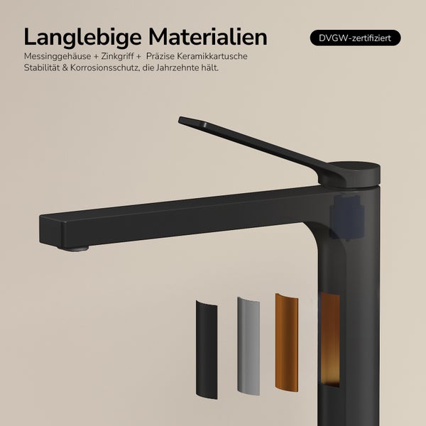 Einhebel-Waschtischmischer in Schwarz matt mit Messinggehäuse, Zinkgriff und Keramikkartusche. Zertifiziert für Trinkwassersicherheit.