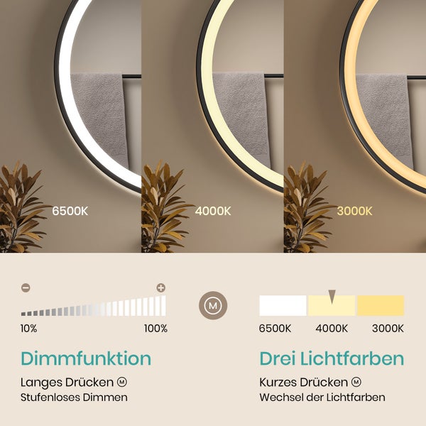 EMKE Badspiegel mit Beleuchtung, Ø50 cm, 3 Farbtemperaturen & dimmbar, Touch- & Wandschalter, hochauflösender Spiegel, für Badezimmer