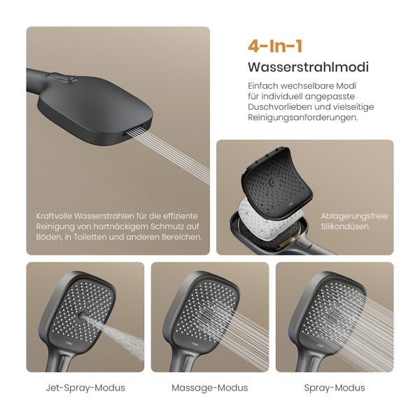 EMKE Duschsystem mit Thermostat, LED-Temperaturanzeige, Regendusche 36 x 24 cm, 4 Strahlarten, höhenverstellbare Brausestange, Anthrazit Matt