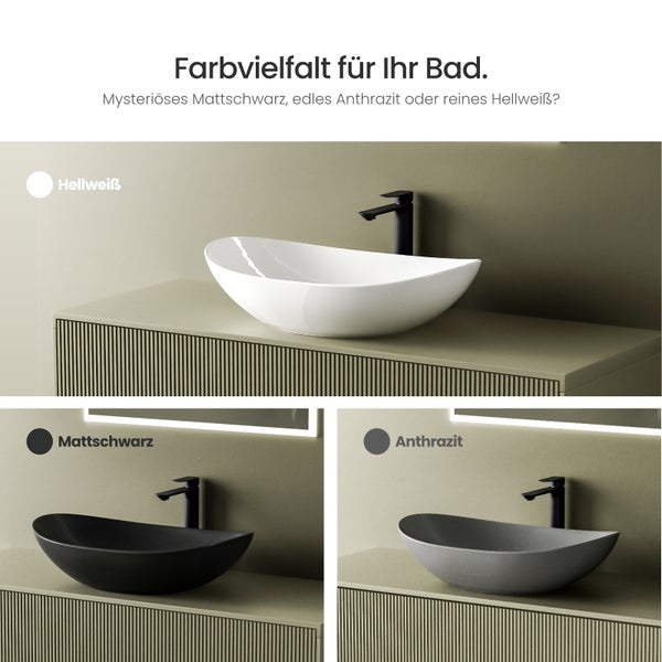 EMKE Aufsatzwaschbecken 615 × 360 mm, Oval, Keramik Waschbecken ohne Hahnloch, Weiß, für Badezimmer, Höhe: 155 mm, Modernes Design, Kratzfest, Fleckenresistent, Pflegeleicht