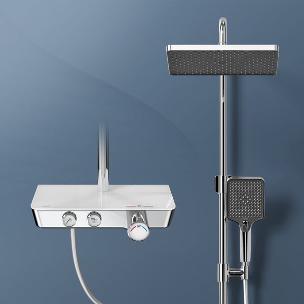 EMKE Duschsystem mit Thermostat, Wasserfall-Überkopfbrause, Handbrause mit 3 Strahlarten, Glasablage, 38 °C Wohlfühltemperatur, KTW-zertifiziert, 1142 x 303 x 460 mm, Chrom