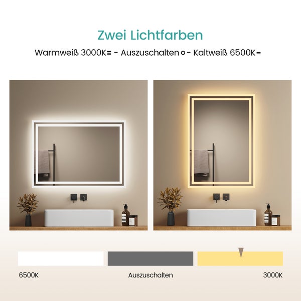 EMKE Badspiegel mit Beleuchtung 70 x 50cm, Kaltweiß/Warmweiß, LED-Spiegel mit Kippschalter, Anti-Beschlag