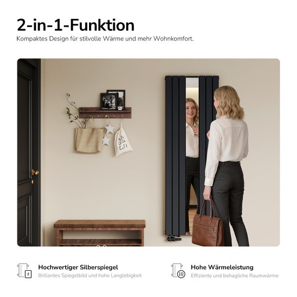 2-in-1-Paneelheizkörper mit integriertem Ganzkörperspiegel und hoher Wärmeleistung in einem modernen Flur mit Garderobe und Sitzbank.