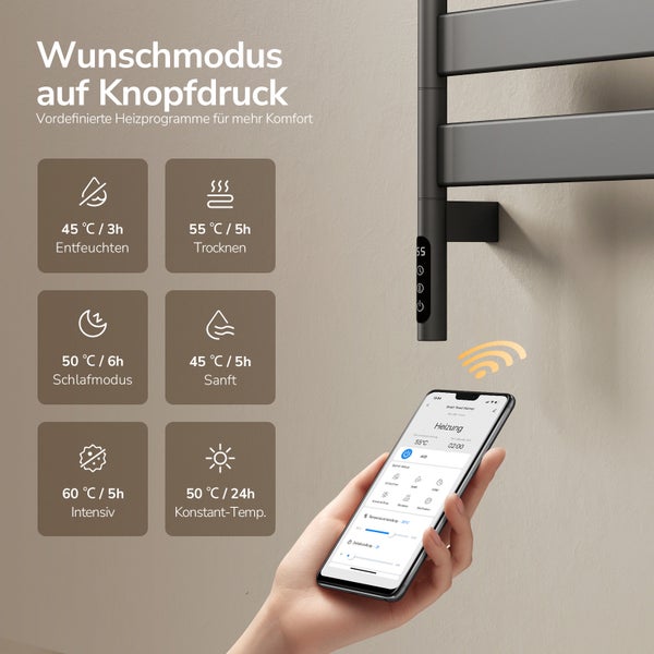 Handtuchheizkörper mit Smartphone-Anwendung und Heizprogrammen wie Entfeuchten, Trocknen, Schlafmodus, Sanft, Intensiv und Konstanttemperatur.
