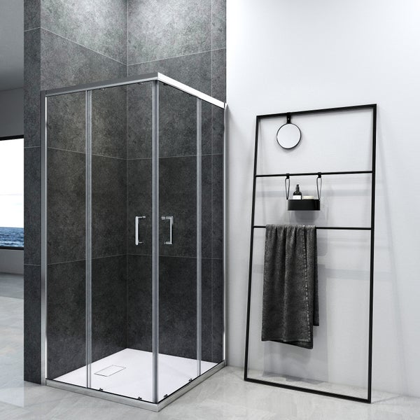 Eckdusche mit Schiebetür und Handtuchständer im Badezimmer