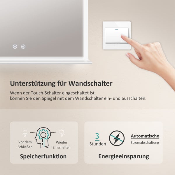 Information zur Unterstützung für Wandschalter sowie zur Speicherfunktion und Energieeinsparung.