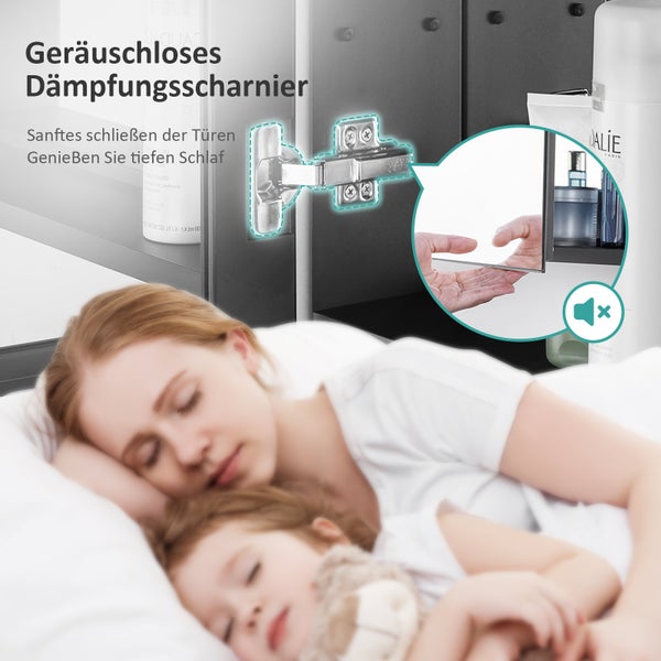 EMKE Spiegelschrank 85L x 65H x 14,5T cm, Badezimmerschrank Schwarz, 2-türig mit 3 mm kupferfreiem & rostfreiem Spiegelglas, 3 Ablagen, 105° Türöffnung, 304 Dämpfscharniere, großer Stauraum