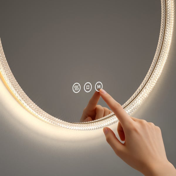 Runder Spiegel mit Beleuchtung und Bedienfeld mit Fingereingabe.