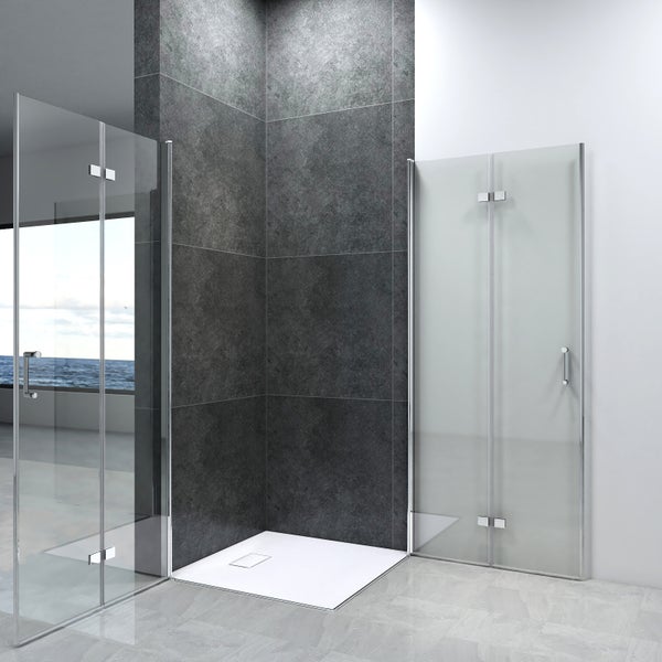 EMKE Eckdusche Duschkabine Eckeinstieg höhe 195cm Duschwand, BxT: 75x100 cm, Duschabtrennung 6mm ESG Nano Glas Hebe-Senk Mechanismus Falttür Chrom