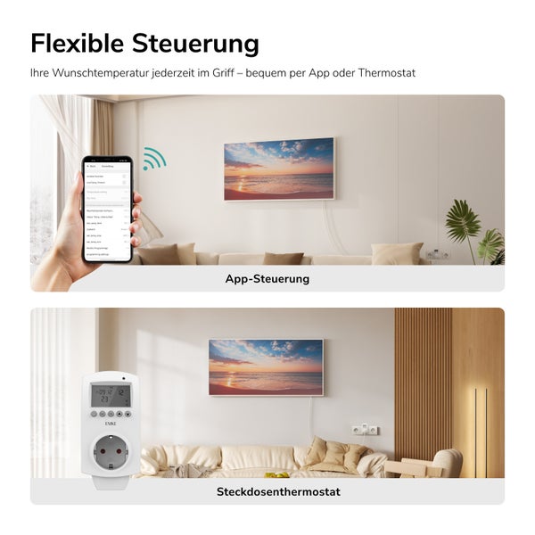 Flexible Steuerung für Heizsysteme mit App oder über einen Steckdosenthermostat im modernen Wohnzimmer.