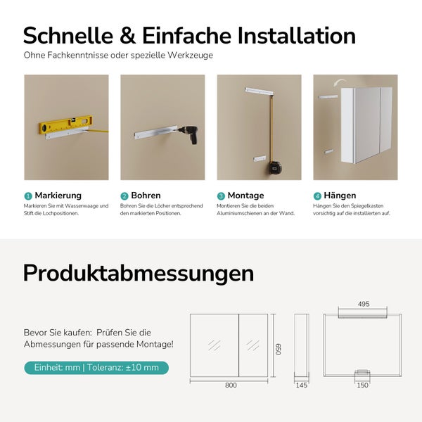 Anleitung zur einfachen Installation eines Spiegelschranks mit Produktabmessungen
