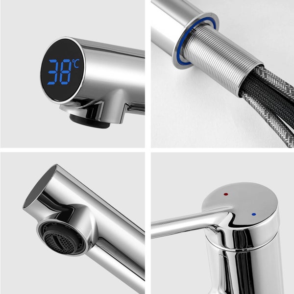 EMKE Küchenarmatur Wasserhahn – Edelstahl mit Temperaturanzeige, LED-Display, 60 cm Schlauch, Höhe 19,1 cm