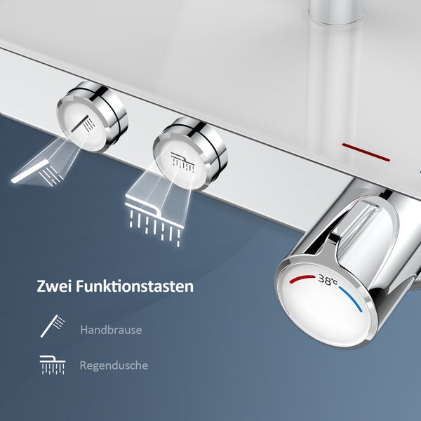 EMKE Duschsystem mit Thermostat, Wasserfall-Überkopfbrause, Handbrause mit 3 Strahlarten, Glasablage, 38 °C Wohlfühltemperatur, KTW-zertifiziert, 1142 x 303 x 460 mm, Chrom
