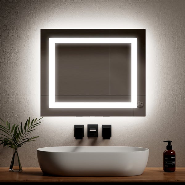 EMKE Badspiegel mit Beleuchtung 60x50 cm, Kaltweiß/Warmweiß, LED-Spiegel mit Kippschalter, Anti-Beschlag, IP44, flexibel montierbar, für Badezimmer