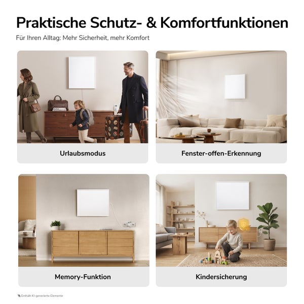 Übersicht der Heizungsfunktionen: Urlaubsmodus, Fenster-offen-Erkennung, Memory-Funktion und Kindersicherung für Infrarotheizungen.