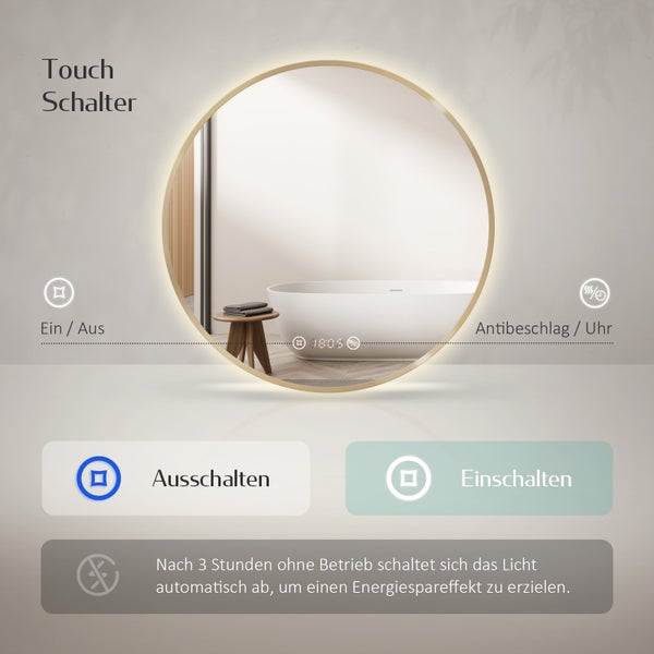 EMKE LED Badspiegel, ф60cm Gebürstetem Goldrahmen, Antibeschlage, Uhr, Temperatur, Dimmbar, Memory-Funktion Neutrales Licht
