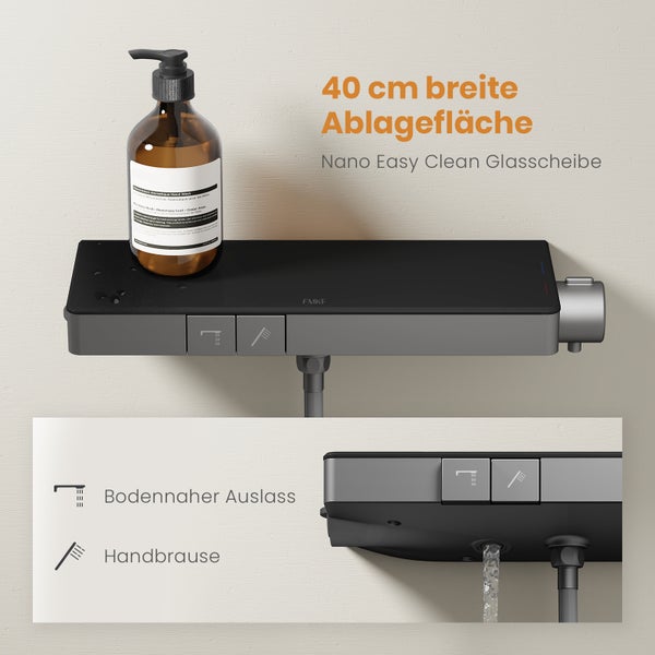 EMKE Duschsystem 601x395x135 mm mit Handbrause, Ablagearmatur, Höhenverstellung und 3 Strahlarten, mit Neoperl-Perlator & integriertem Filter, für Badezimmer, Matt Anthrazit
