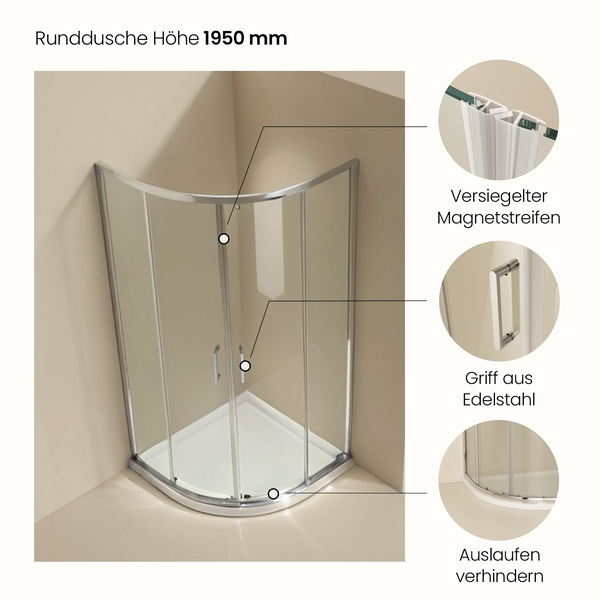 EMKE Duschkabine Viertelkreis 90x90 cm, 195 cm Höhe, 5 mm ESG, Doppelrollen mit Absenkfunktion, Schnellmontage, für Badezimmer