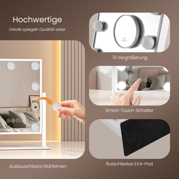 Produktdetails des Schminkspiegels mit wechselbaren Glühbirnen, 7-facher Vergrößerung, Smart-Touch-Schalter und rutschfestem EVA-Pad.