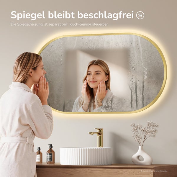 Ovaler Badezimmerspiegel mit LED Beleuchtung und integrierter Spiegelheizung zur Vermeidung von Beschlag, gesteuert über einen Touch Sensor.