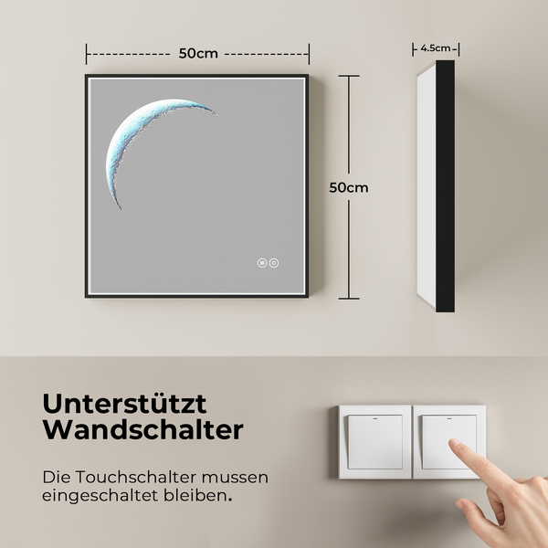 EMKE LED Badspiegel 60x60 cm, dekoratives Mond-Design, dimmbare Beleuchtung, Anti-Beschlag, schwarzer Rahmen, IP44, zur Wandmontage, für Badezimmer & Schlafzimmer