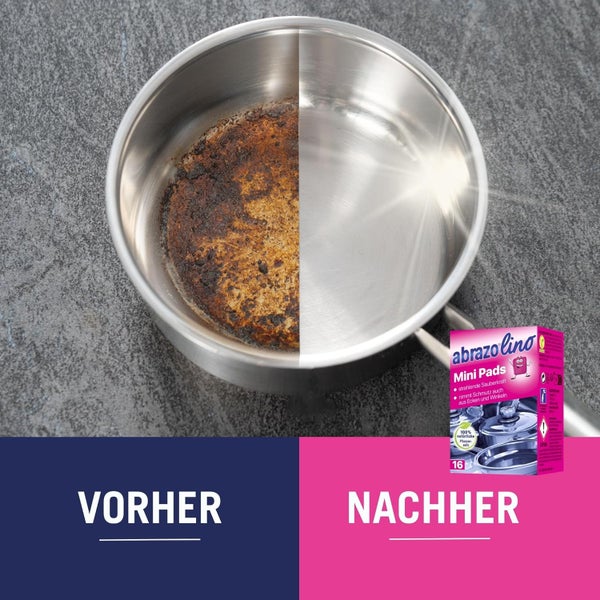 Edelstahltopf Vorher-Nachher-Vergleich: Links verbrannt, rechts glänzend sauber nach Reinigung mit abrazolino Mini Pads.