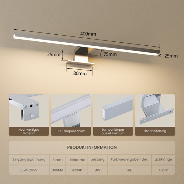LED Spiegelleuchte mit den Maßen 400 mm x 25 mm x 75 mm und Aluminium Lampenkörper