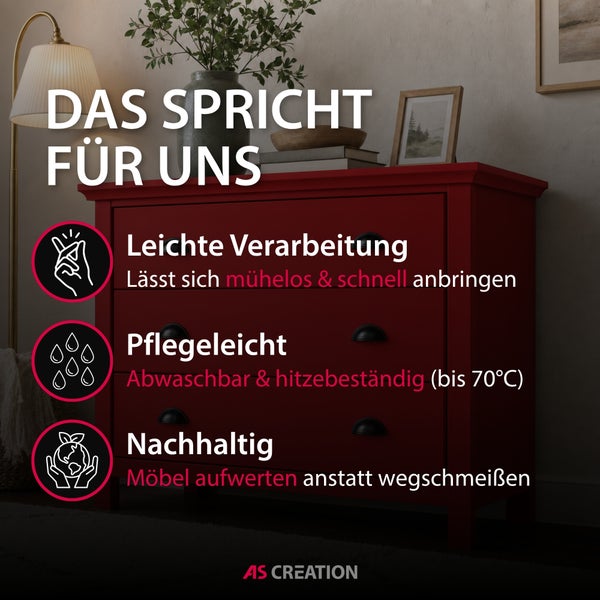 Infografik für Möbelfolie: einfache Verarbeitung, pflegeleicht, abwaschbar, hitzebeständig bis 70 Grad, nachhaltig. AS Creation Logo.